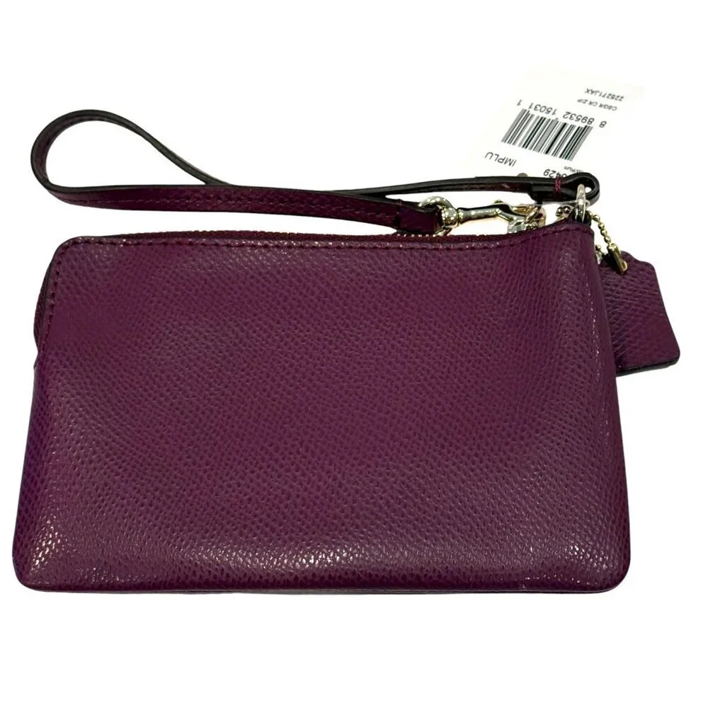 Coach Women's Plum Pebble Leather Wristlet Bag Gold Logo Strap NWT